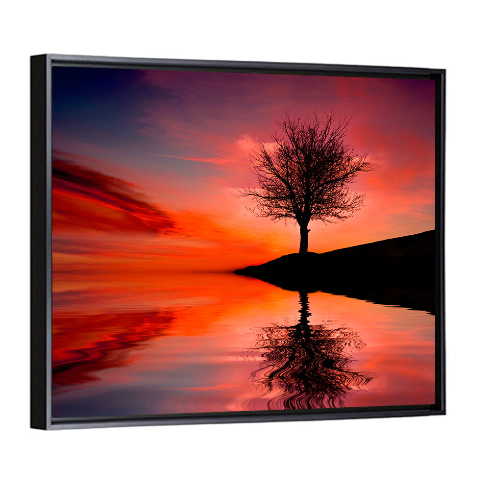 Leafless Tree Near Lake Sunset Wall Art