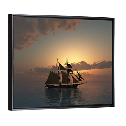 Sunset On Sea With Schooner Ship Wall Art