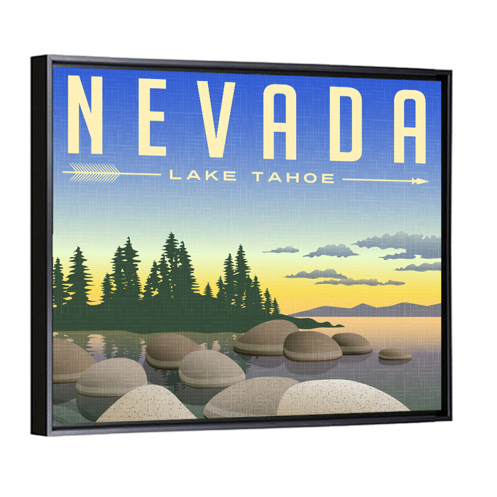 Lake Tahoe Vintage Travel Wall Art as a framed canvas