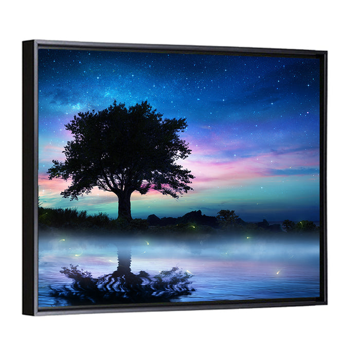 Lonely Tree Under Starry Sky Wall Art as a framed canvas