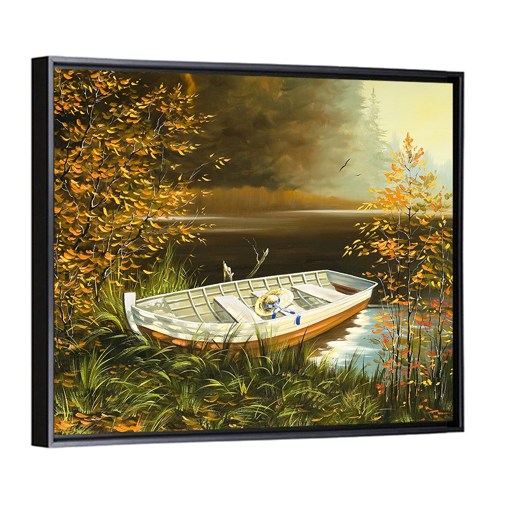 Boat with Straw Hat on Lake Bank Wall Art