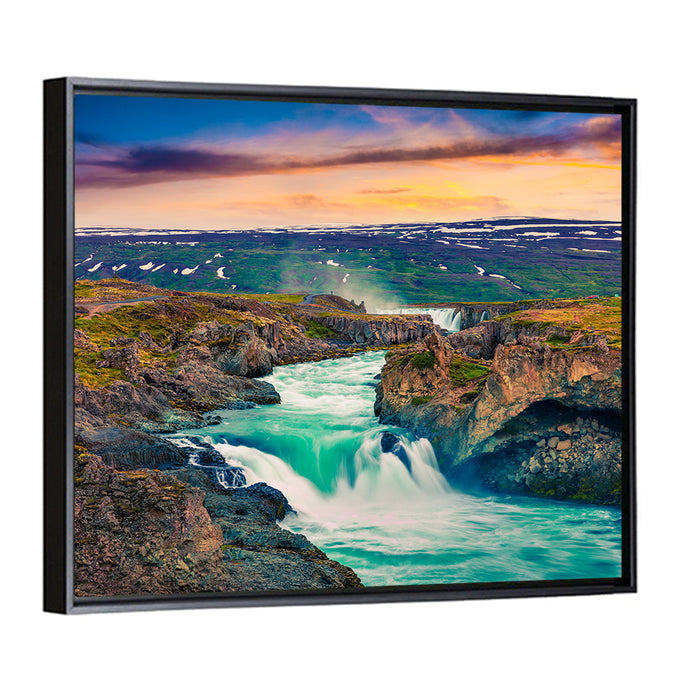 Godafoss Sunset Cascade Wall Art as a framed canvas