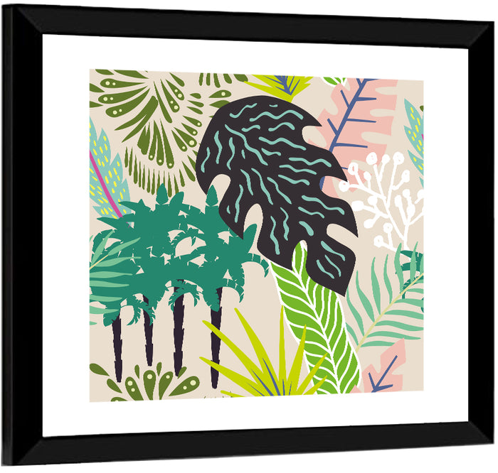 Leaves and Palm Trees Abstract Wall Art as a framed print