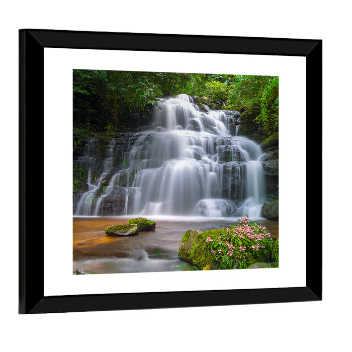 Mun Daeng Waterfall with Mossy Boulders Wall Art as a framed print