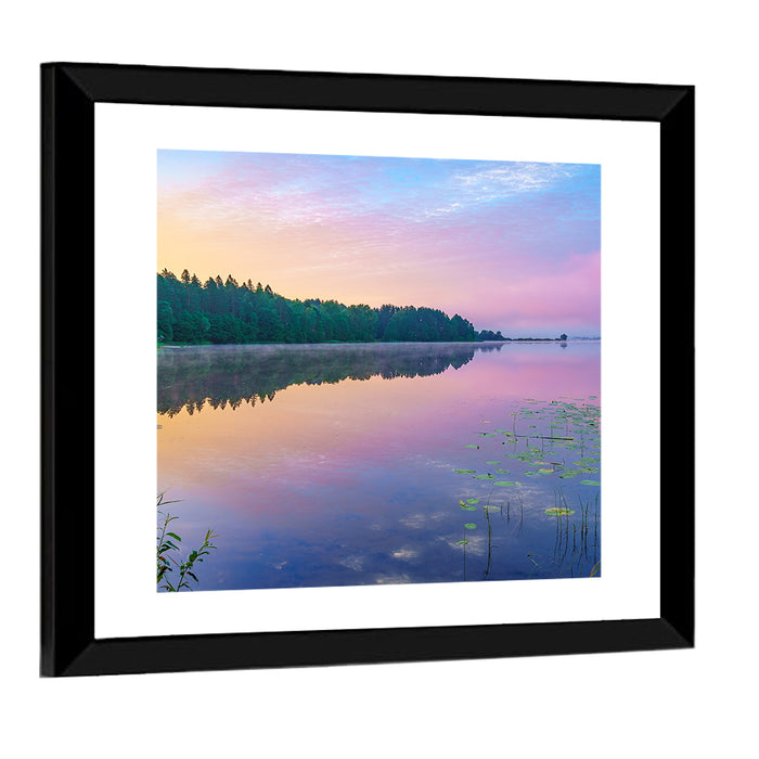 Sunrise Over Forest Lake Wall Art as a framed print