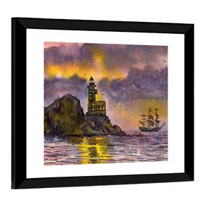 Ship & Lighthouse In Sea Artwork Wall Art