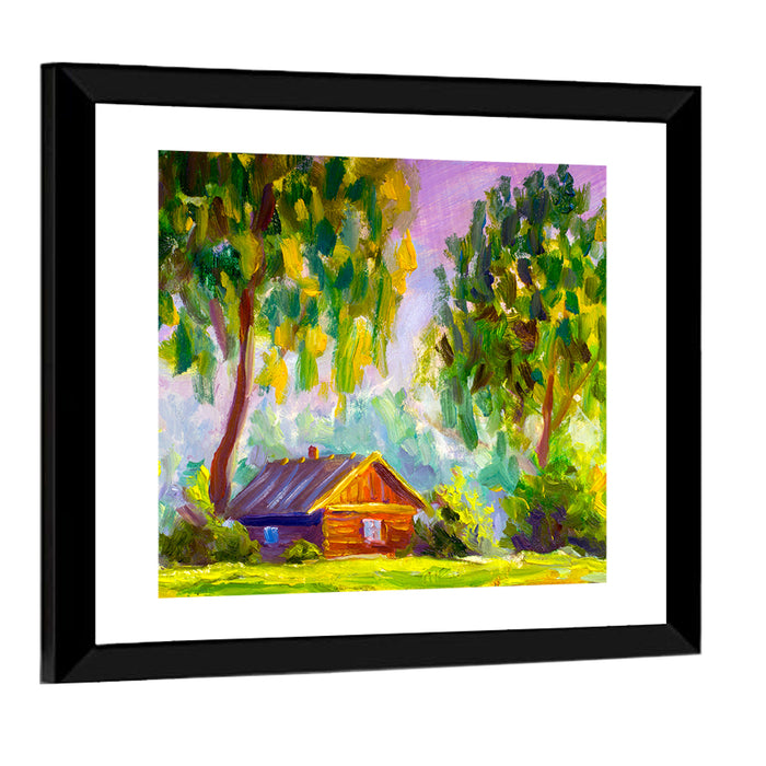 Impressionist Log Cabin in Green Forest Wall Art as a framed print