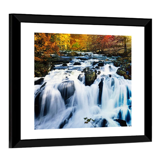 Mossy Autumn Forest Waterfall Wall Art as a framed print
