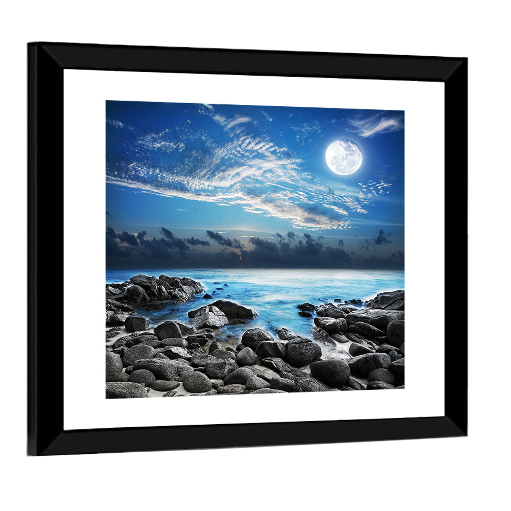 Moonlit Tropical Bay with Rocky Coast Wall Art