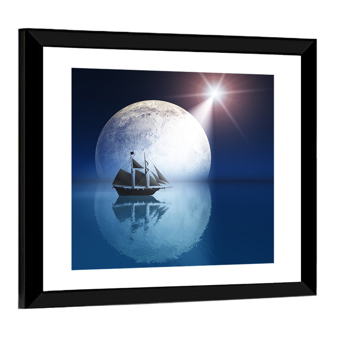 Moonlit Ship with Glowing Star Wall Art as a framed print