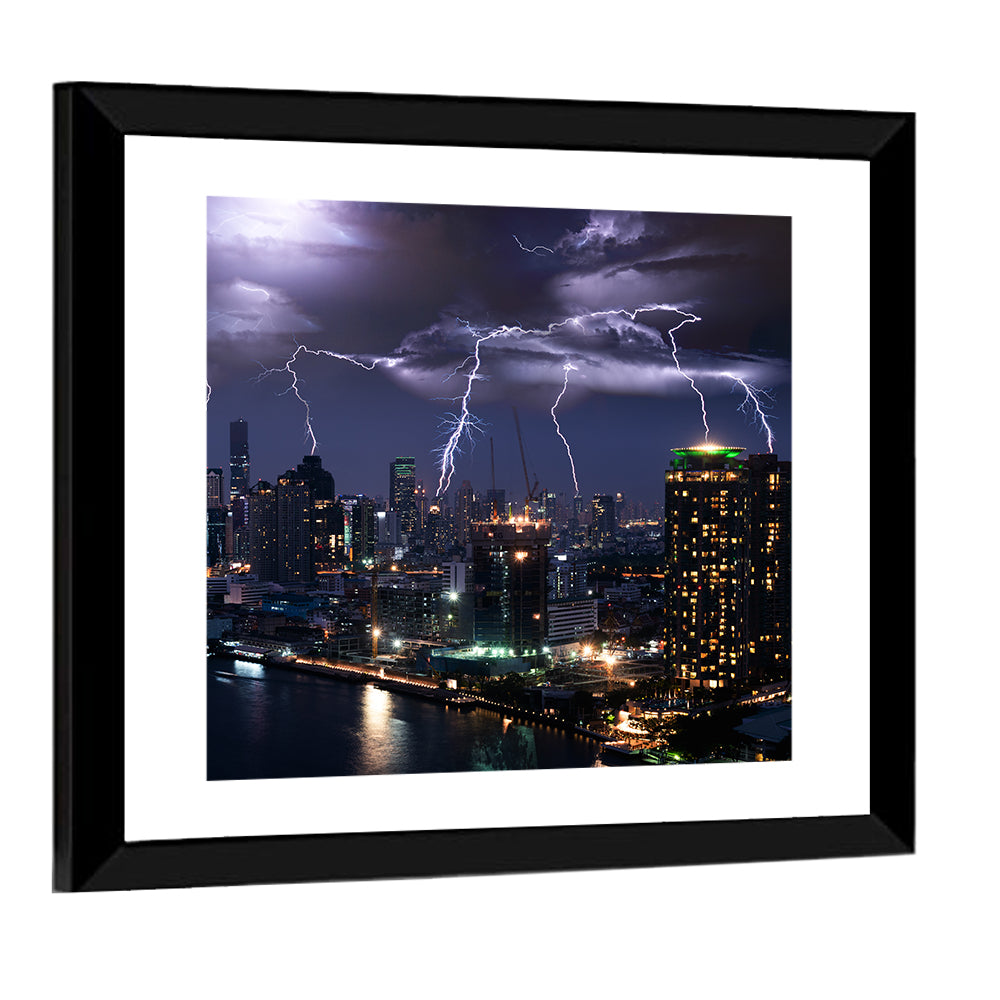 Lightning Storm Over City Wall Art