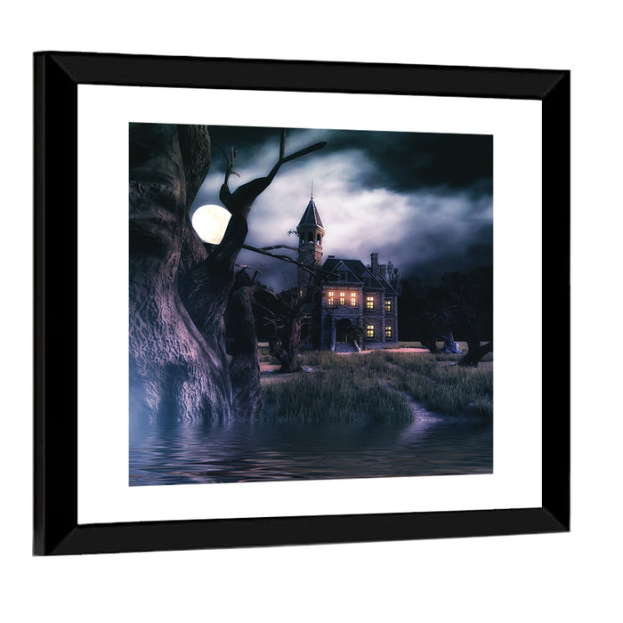 Moonlit Haunted House Wall Art as a framed print