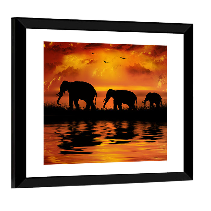 Elephants at Sunset Wall Art as a framed print