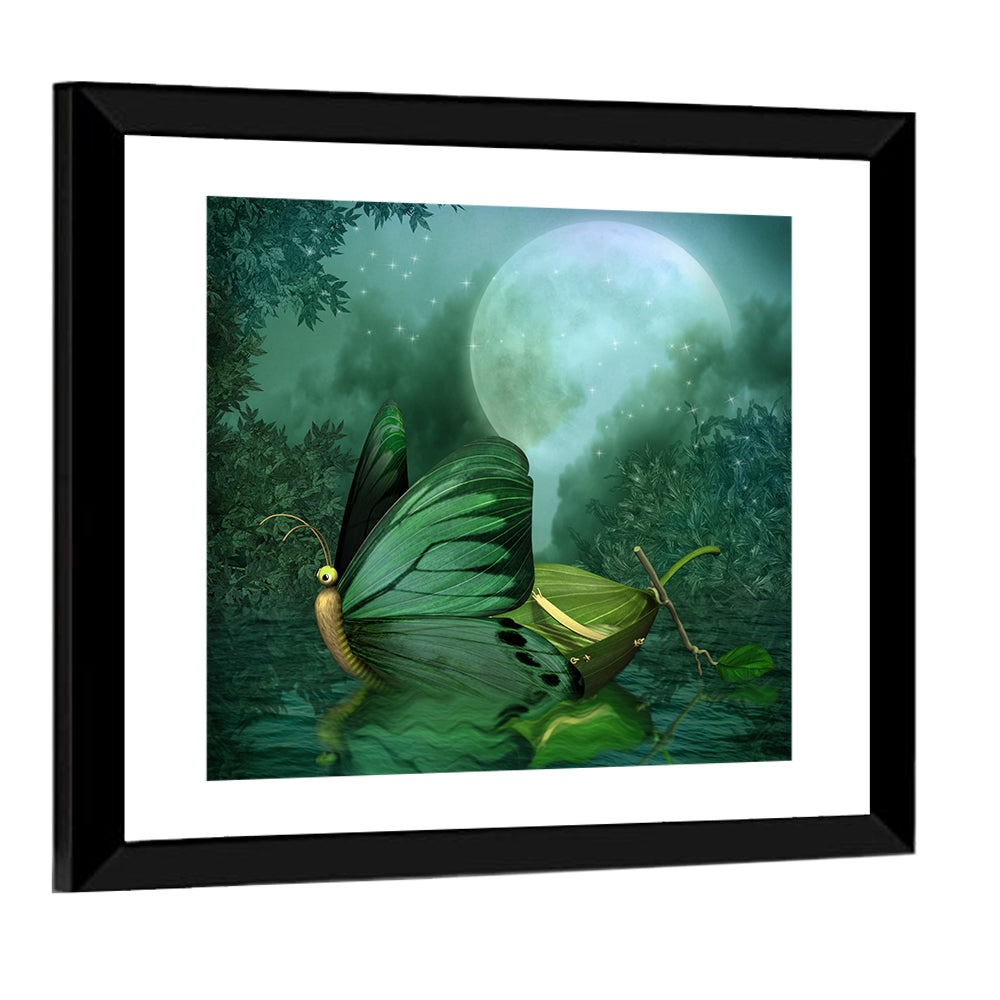 Moonlit Butterfly on Leaf Boat Wall Art