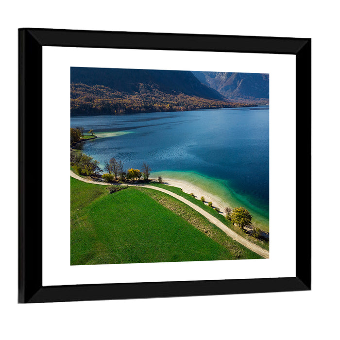 Bohinj Lake Shoreline Wall Art as a framed print
