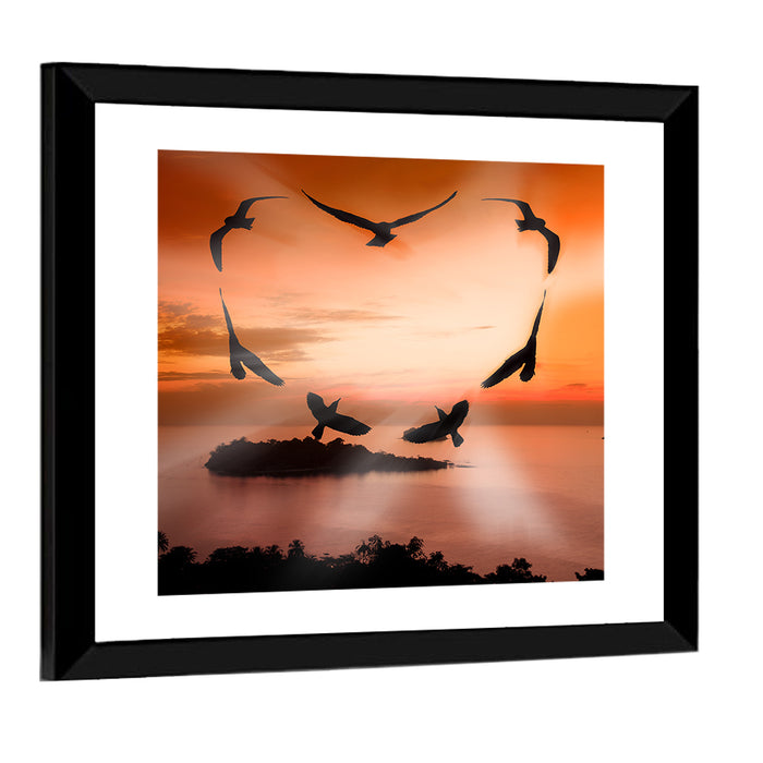 Heart-shaped Birds at Sunset Wall Art as a framed print