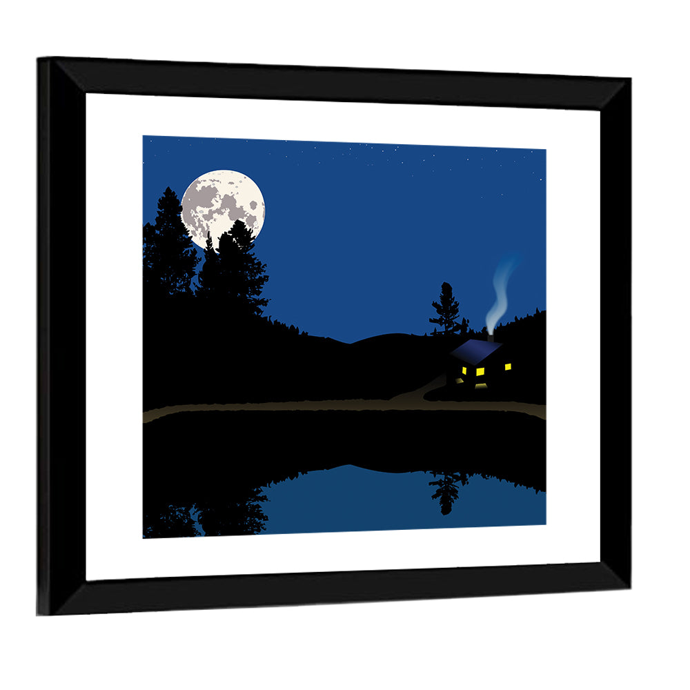 Moonlit Cabin on Mountain Lake Canvas Wall Art