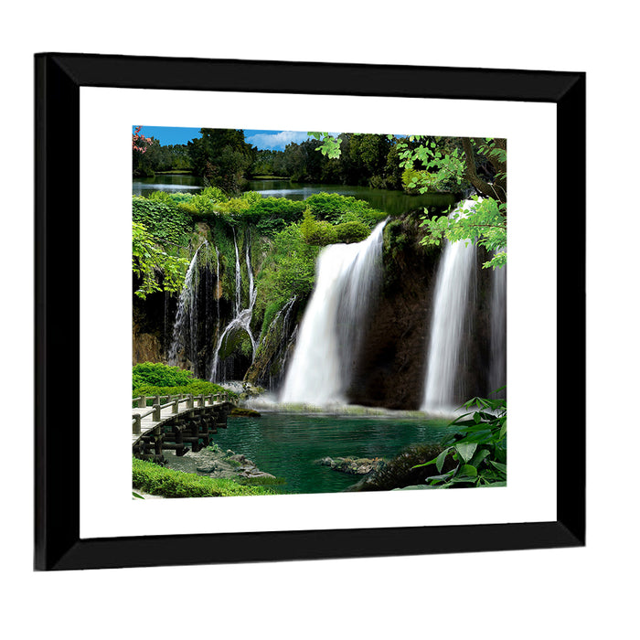 Wooden Bridge and Forest Waterfall Wall Art as a framed print