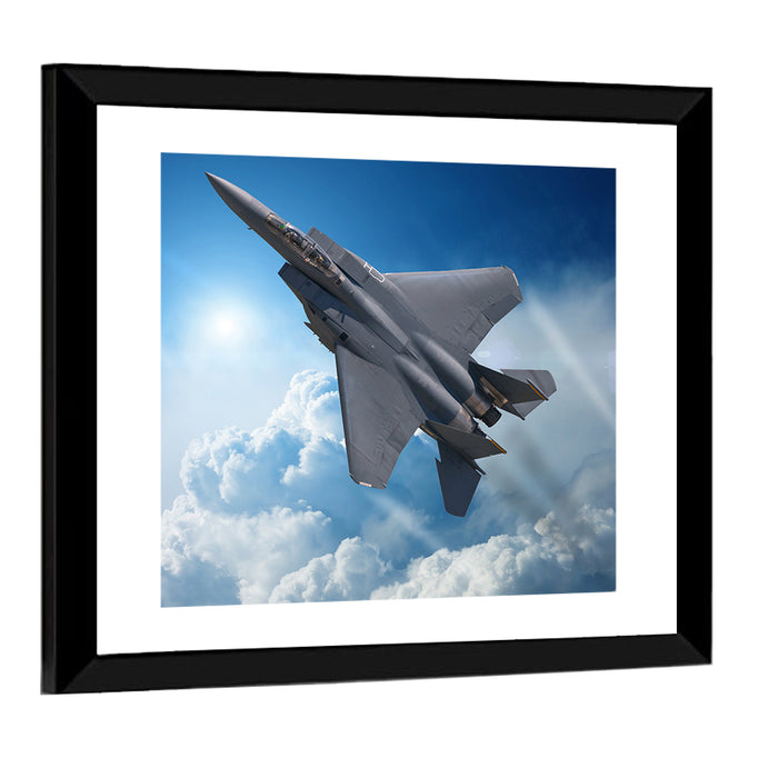 Low Angle Fighter Jet Over Sky Wall Art as a framed print