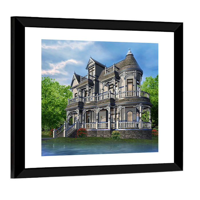 Lakeside Victorian House Wall Art as a framed print