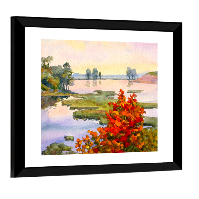 Autumn Lake Watercolor Wall Art as a framed print