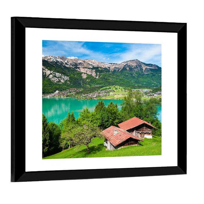 Lake Brienz with Alpine Cabins Wall Art as a framed print