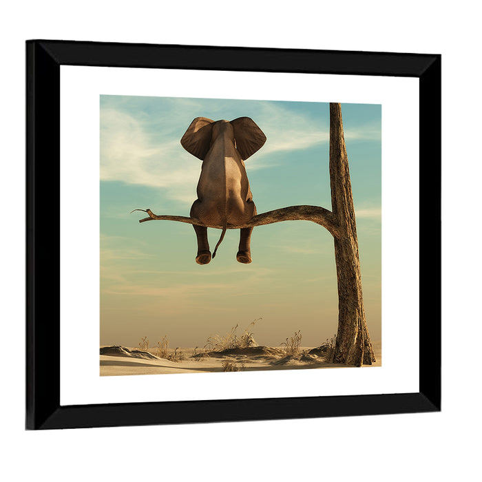 Solitary Elephant on a Tree Branch Wall Art as a framed print