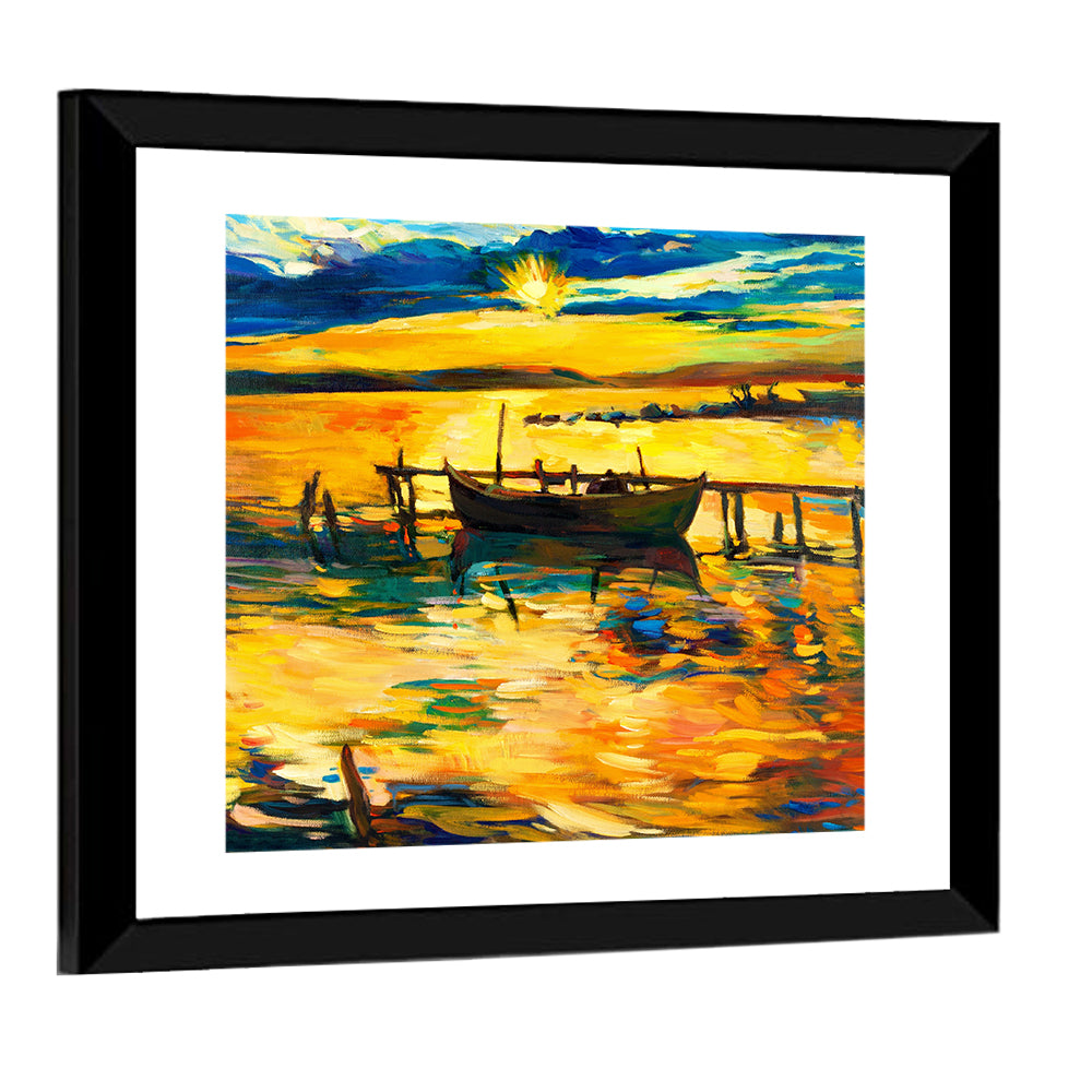 Sunset Boat at Jetty Oil Painting Wall Art