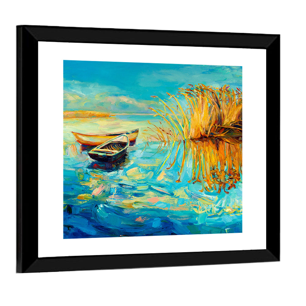 Rowboats and Reeds on Blue Lake Wall Art
