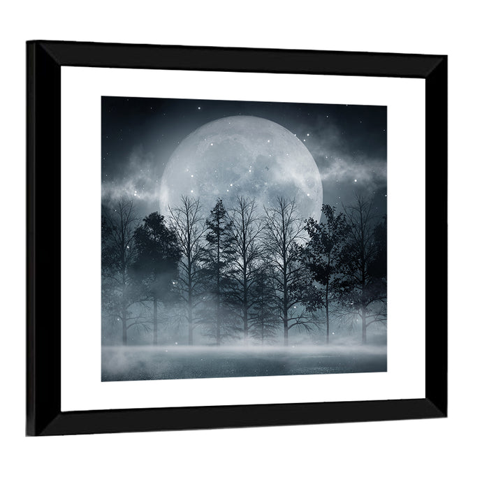 Full Moon Over Misty Forest Wall Art as a framed print