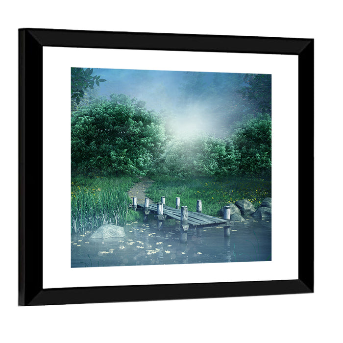 Misty Forest Lake with Wooden Bridge Wall Art as a framed print