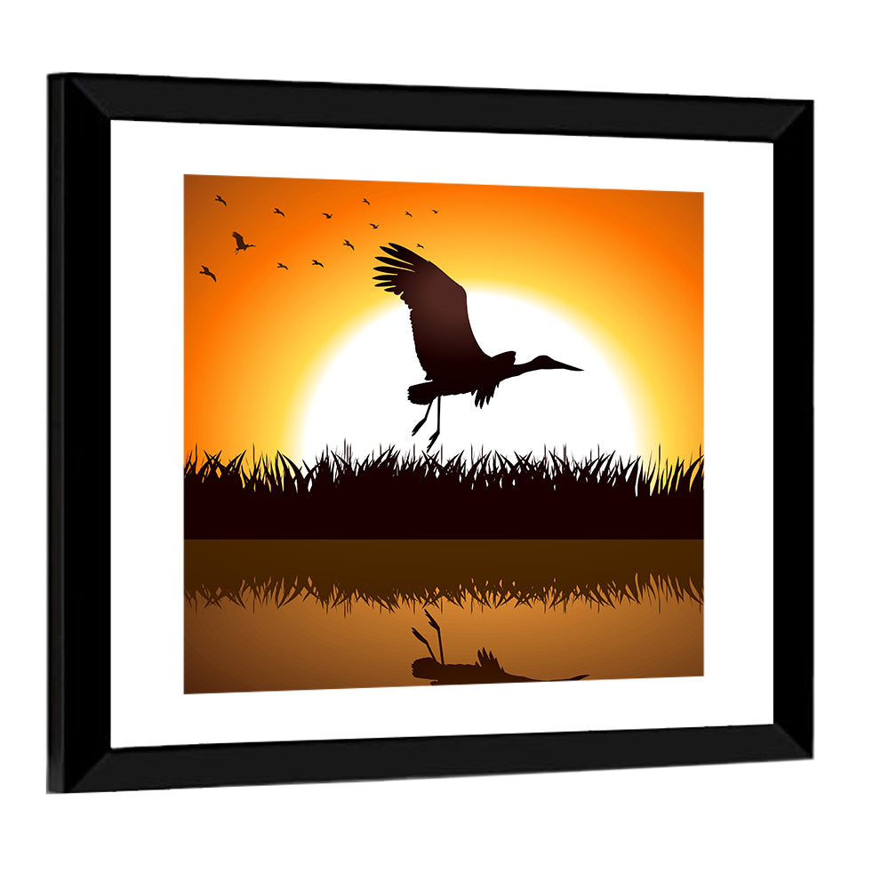 Stork Silhouette at Sunset Wall Art