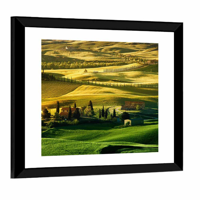 Tuscany Fields at Golden Hour Wall Art as a framed print