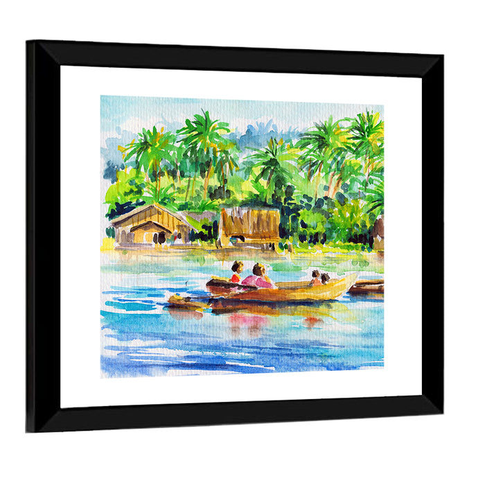 Boat in Tropical Village Wall Art as a framed print