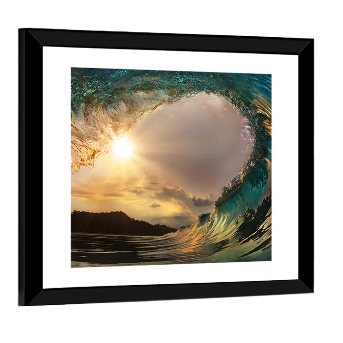 Surfing Barrel at Sunset Wall Art as a framed print