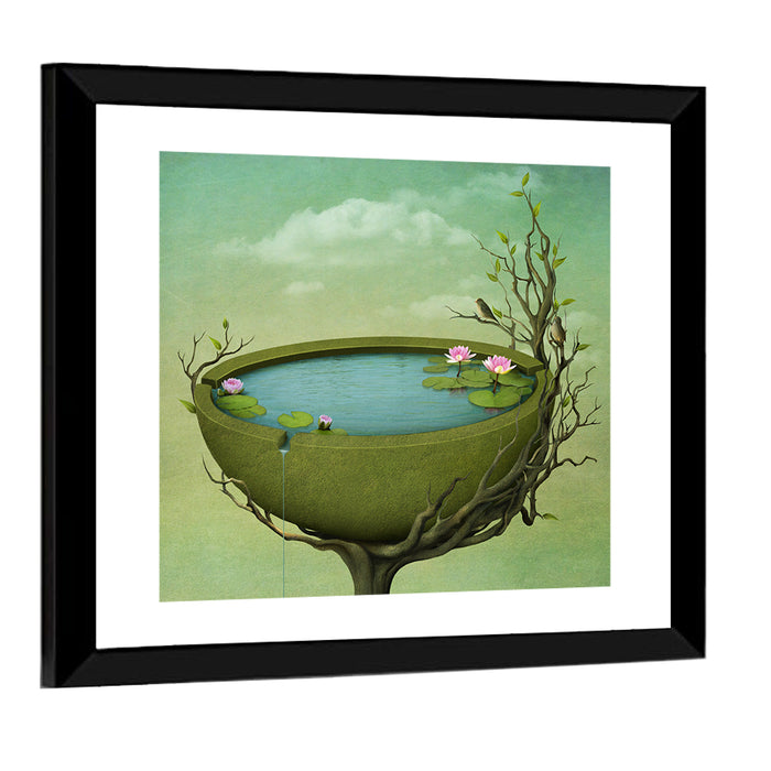 Surreal Tree Basin with Water Lilies Wall Art as a framed print