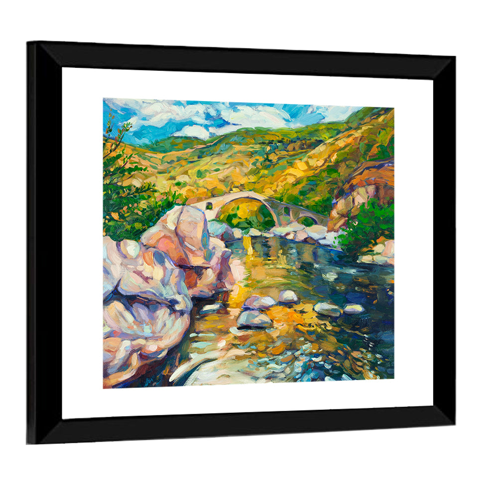 Arched Stone Bridge in Mountain River Wall Art