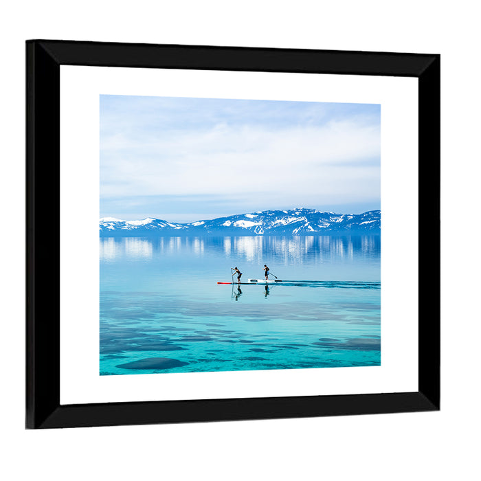 Two Paddleboarders on Mountain Lake Wall Art as a framed print