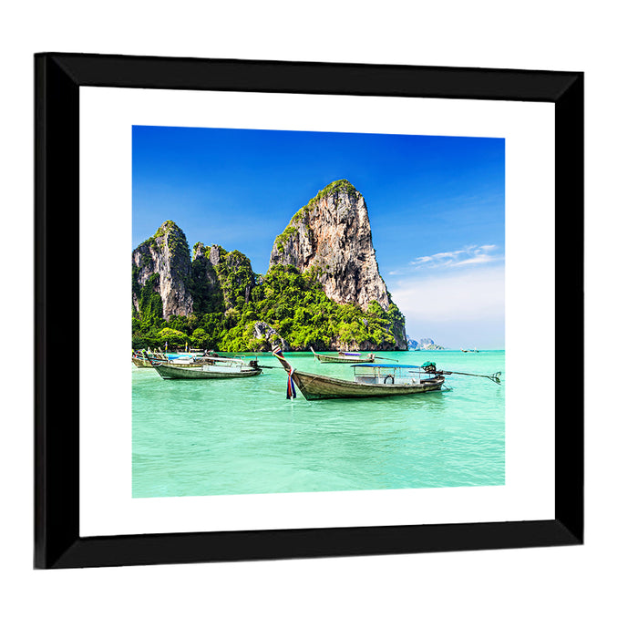 Railay Beach Long-tail Boats Wall Art as a framed print