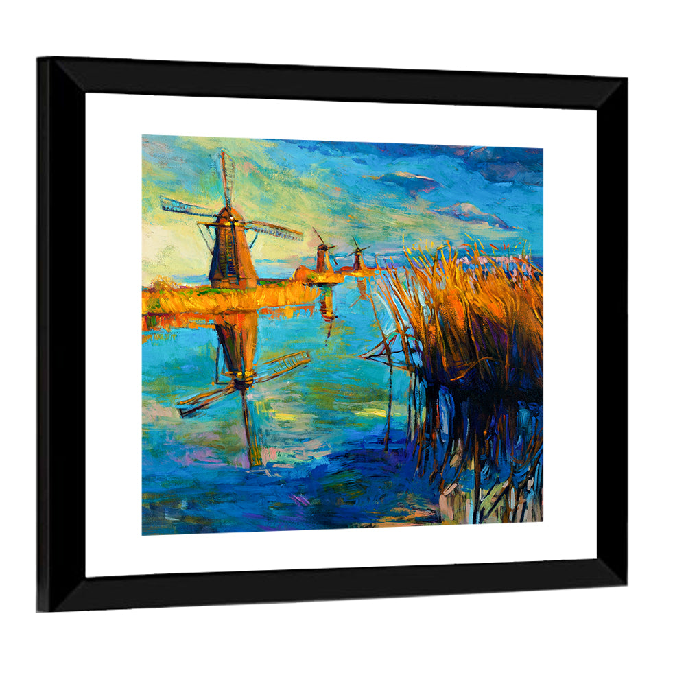 Windmills Near Lake Wall Art