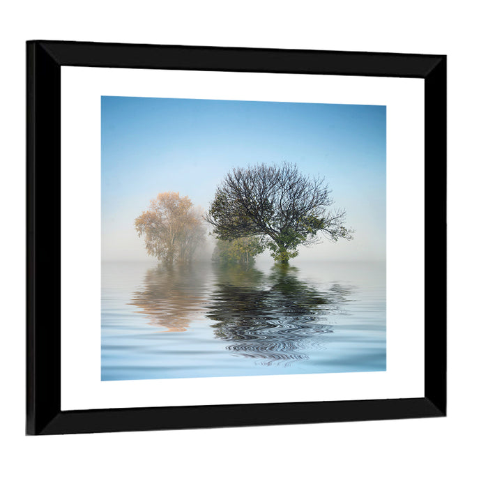 Misty Lake Reflection Wall Art as a framed print