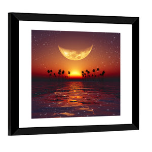 Yellow Moon Over Red Sunset At Tropical Sea Wall Art