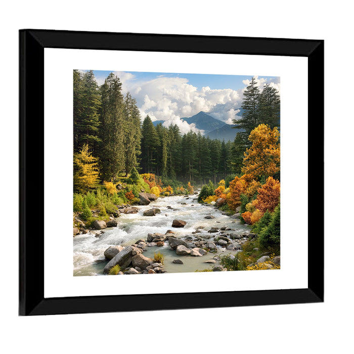 Autumn Mountain Stream with Rapids Wall Art as a framed print