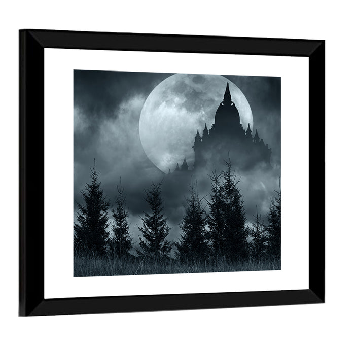 Moonlit Magic Castle Silhouette Wall Art as a framed print