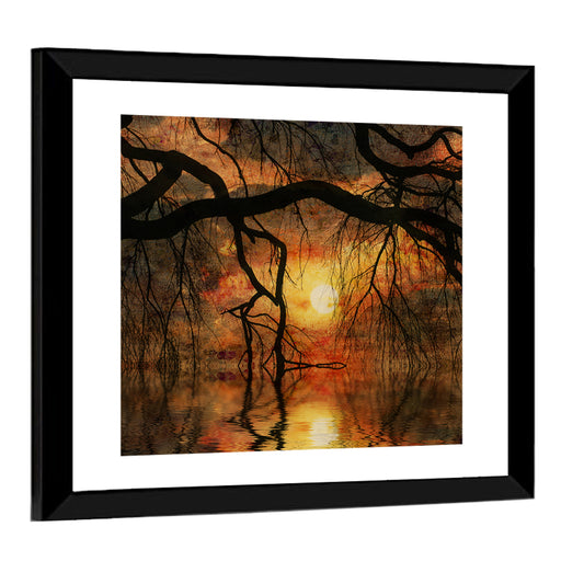 Lake Tree Branches Sunset Wall Art