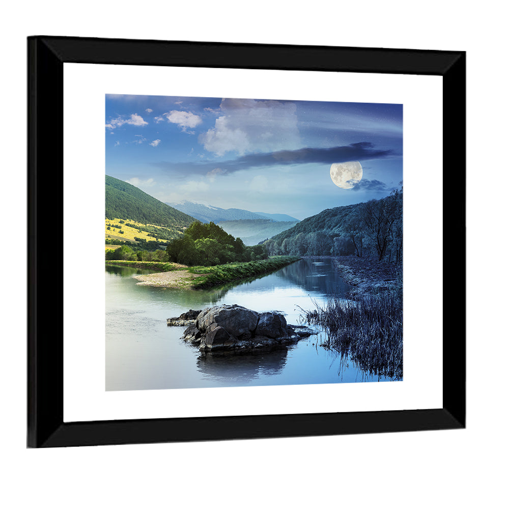 Moonlit Mountain River Wall Art