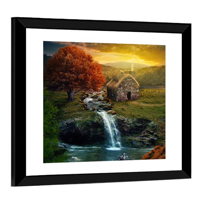 Thatched Cottage by Mountain Stream Wall Art as a framed print