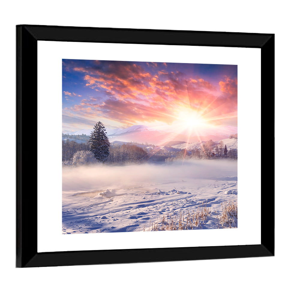 Sunrise Over Snowy Mountain Village Wall Art