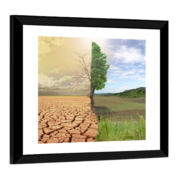 Split Landscape with Half-alive Tree Wall Art as a framed print