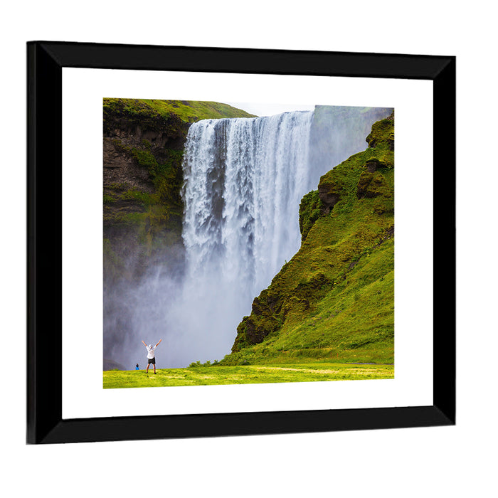 Skogafoss Waterfall with Moss Covered Cliffs Wall Art as a framed print